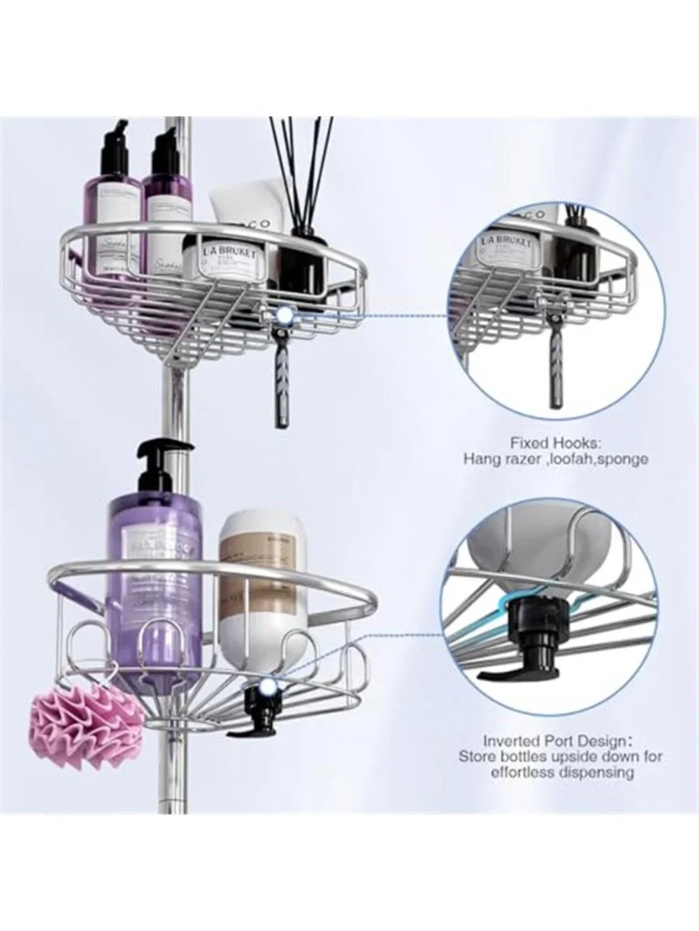 4 Tier Corner Shower Caddy Tension Pole Stainless Steel Bathroom Shelf Silver